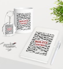 Kişiye Özel İngilizce Öğretmeni Kupa Anahtarlık Beyaz Defter Kalem Hediye Seti-3