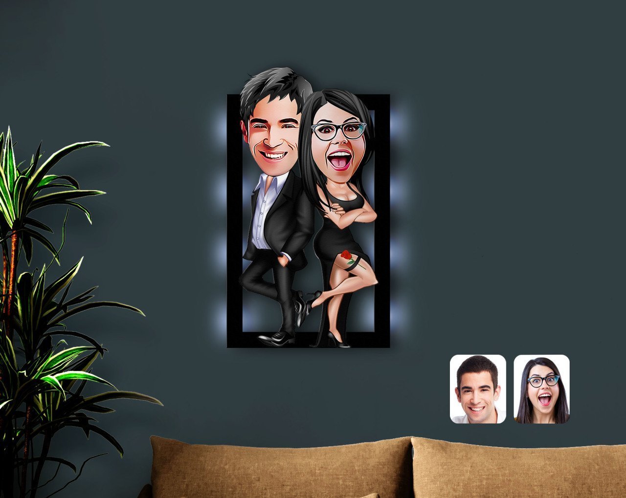 Kişiye Özel Sevgililer Karikatürlü 3D Led Işıklı Ahşap Tablo-6