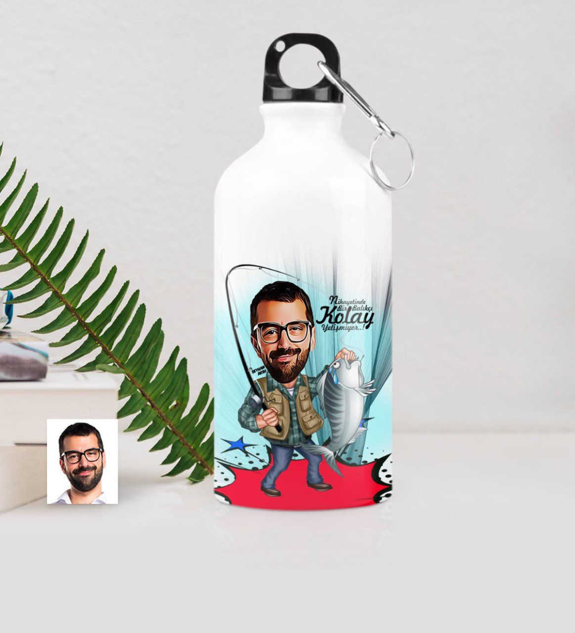 Kişiye Özel Bay Balıkçı Karikatürlü Metal Suluk (500 ml.) 1