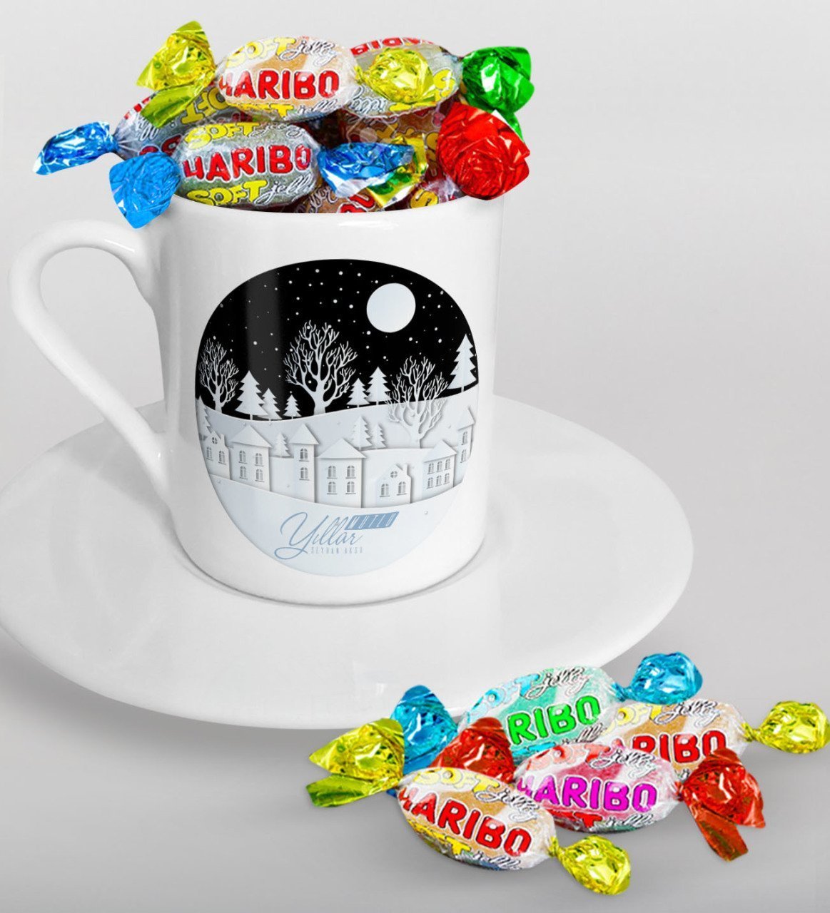 Kişiye Özel Yılbaşı Mutlu Yıllar Türk Kahvesi Fincanı ve Haribo Şeker Hediye Seti-24