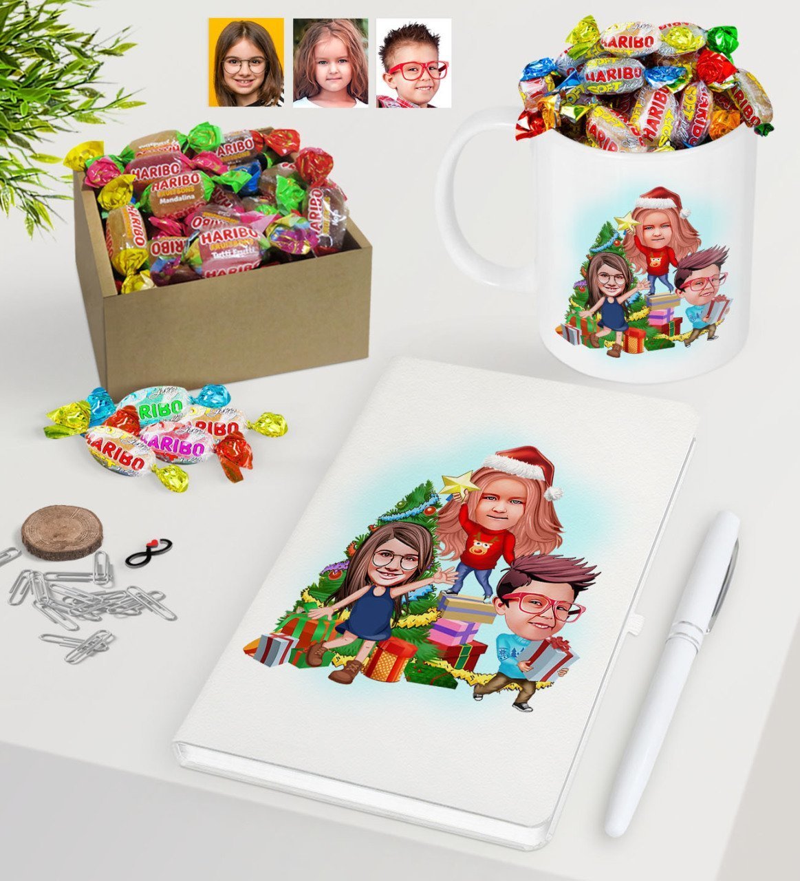 Kişiye Özel Yeni Yıl 3 Kardeş Karikatürlü Beyaz Defter Kalem Kupa ve Kutulu Haribo Şeker Hediye Seti-1