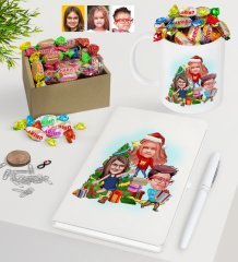 Kişiye Özel Yeni Yıl 3 Kardeş Karikatürlü Beyaz Defter Kalem Kupa ve Kutulu Haribo Şeker Hediye Seti-1