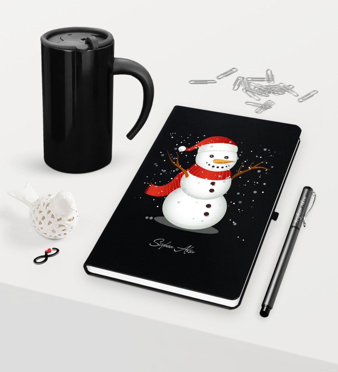 Kişiye Özel Yılbaşı Kardan Adam Temalı Siyah Defter Kalem Termos Mug Seti - 2