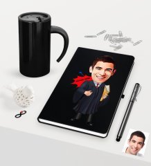 Kişiye Özel Bay Avukat Karikatürlü Siyah Defter Kalem ve Termos Mug Seti  - 1