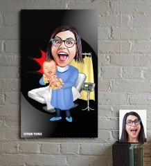 Kişiye Özel Bayan Ebe Karikatür Ahşap Tablo - 1
