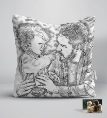 Kişiye Özel Tam Boy Karakalem Baba ve Oğul Karikatürlü Beyaz Yastık-1