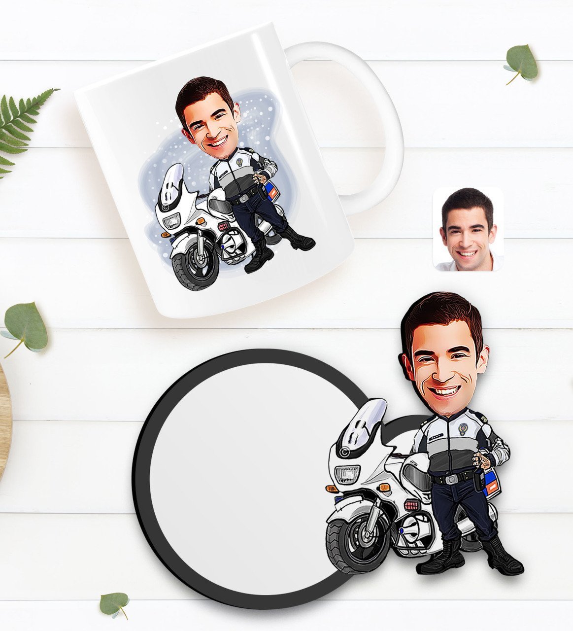 Kişiye Özel Erkek Yunus Polis Karikatürlü Beyaz Kupa ve Ahşap Bardak Altlığı Hediye Seti-1