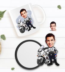 Kişiye Özel Erkek Yunus Polis Karikatürlü Beyaz Kupa ve Ahşap Bardak Altlığı Hediye Seti-1