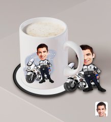 Kişiye Özel Erkek Yunus Polis Karikatürlü Beyaz Kupa ve Ahşap Bardak Altlığı Hediye Seti-1