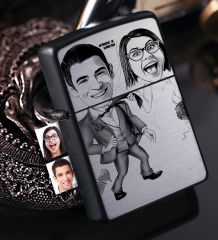 Kişiye Özel Gelin Damat Karikatürlü Benzinli Siyah Metal Çakmak - 6