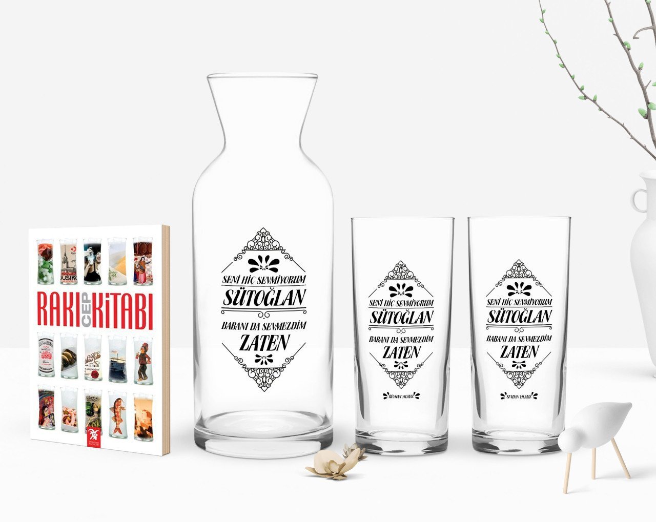 Kişiye Özel Renkli Baskılı Yeşilçam Replikleri Sütoğlan Tasarımlı İkili Rakı Bardağı Karaf ve Cep Kitabı Hediye Seti-1