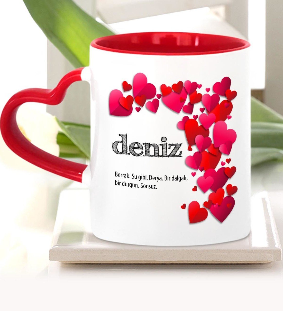Kişiye Özel Sevgili İsim Anlamı Kırmızı Kalpli Kupa Bardak - 4