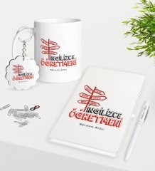 Kişiye Özel İngilizce Öğretmeni Kupa Anahtarlık Beyaz Defter Kalem Hediye Seti-1