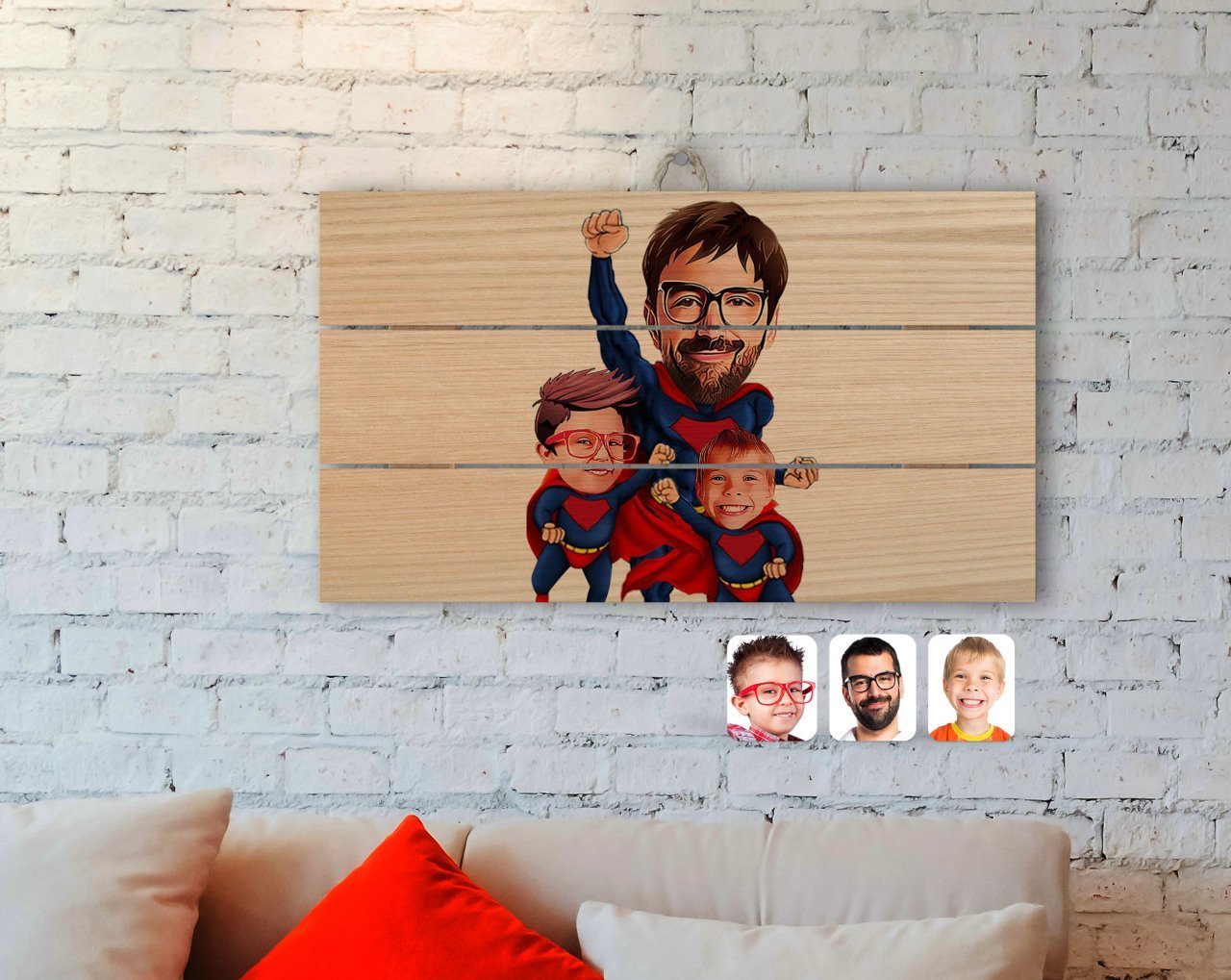 Kişiye Özel Süper Baba ve 2 Çocuk Karikatürlü Otantik Ahşap Palet Tablo-1
