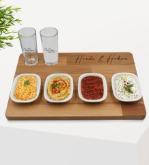 Kişiye Özel İsimli 2’li Rakı Bardağı ve Meze Tabaklı Doğal Masif Ahşap Servis Sunum Tepsisi Model 3
