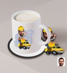 Kişiye Özel Erkek Yol Mühendisi Karikatürlü Beyaz Kupa ve Ahşap Bardak Altlığı Hediye Seti-1