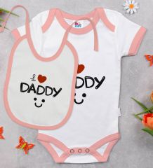 BK Kids I Love Daddy Tasarımlı Pembe Bebek Body Zıbın ve Mama Önlüğü Hediye Seti-1