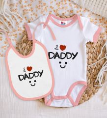 BK Kids I Love Daddy Tasarımlı Pembe Bebek Body Zıbın ve Mama Önlüğü Hediye Seti-1