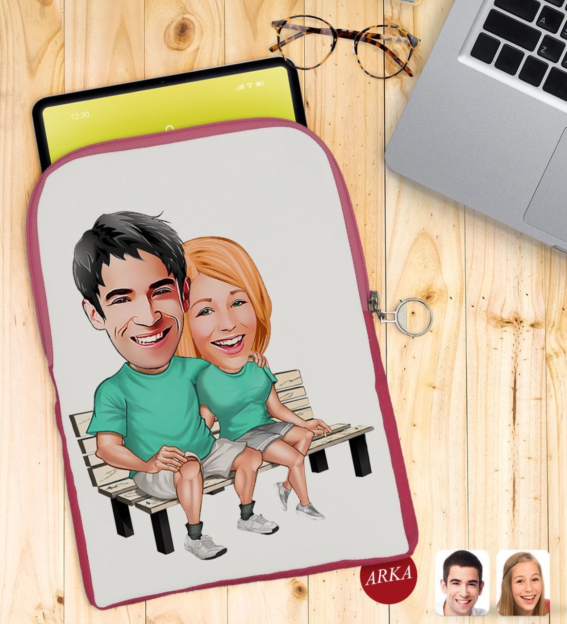 Kişiye Özel Sevgililer Karikatürlü Taşınabilir Koruyucu Tablet Kılıfı & Organizer Çanta - Pembe-55