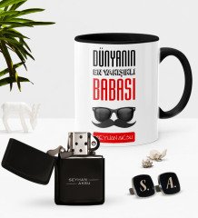 Kişiye Özel Dünyanın En Yakışıklı Babası Siyah Kupa Çakmak Kol Düğmesi Seti-2
