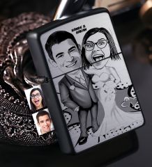 Kişiye Özel Gelin Damat Karikatürlü Benzinli Siyah Metal Çakmak - 5