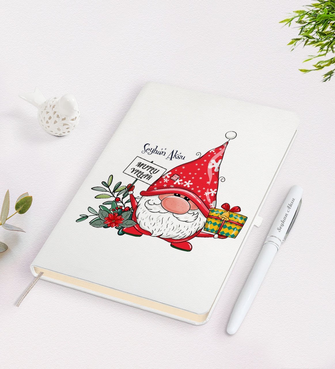 Kişiye Özel Mutlu Yıllar Tasarımlı Beyaz Defter ve Kalem Seti - 8