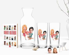 Kişiye Özel Renkli Baskılı Sevgililer Karikatürlü İkili Rakı Bardağı Karaf ve Cep Kitabı Hediye Seti-19
