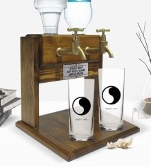Kişiye Özel Renkli Baskılı İsimli İkili Rakı Bardağı ve Çift Musluklu Doğal Ahşap Rakı Standı-125