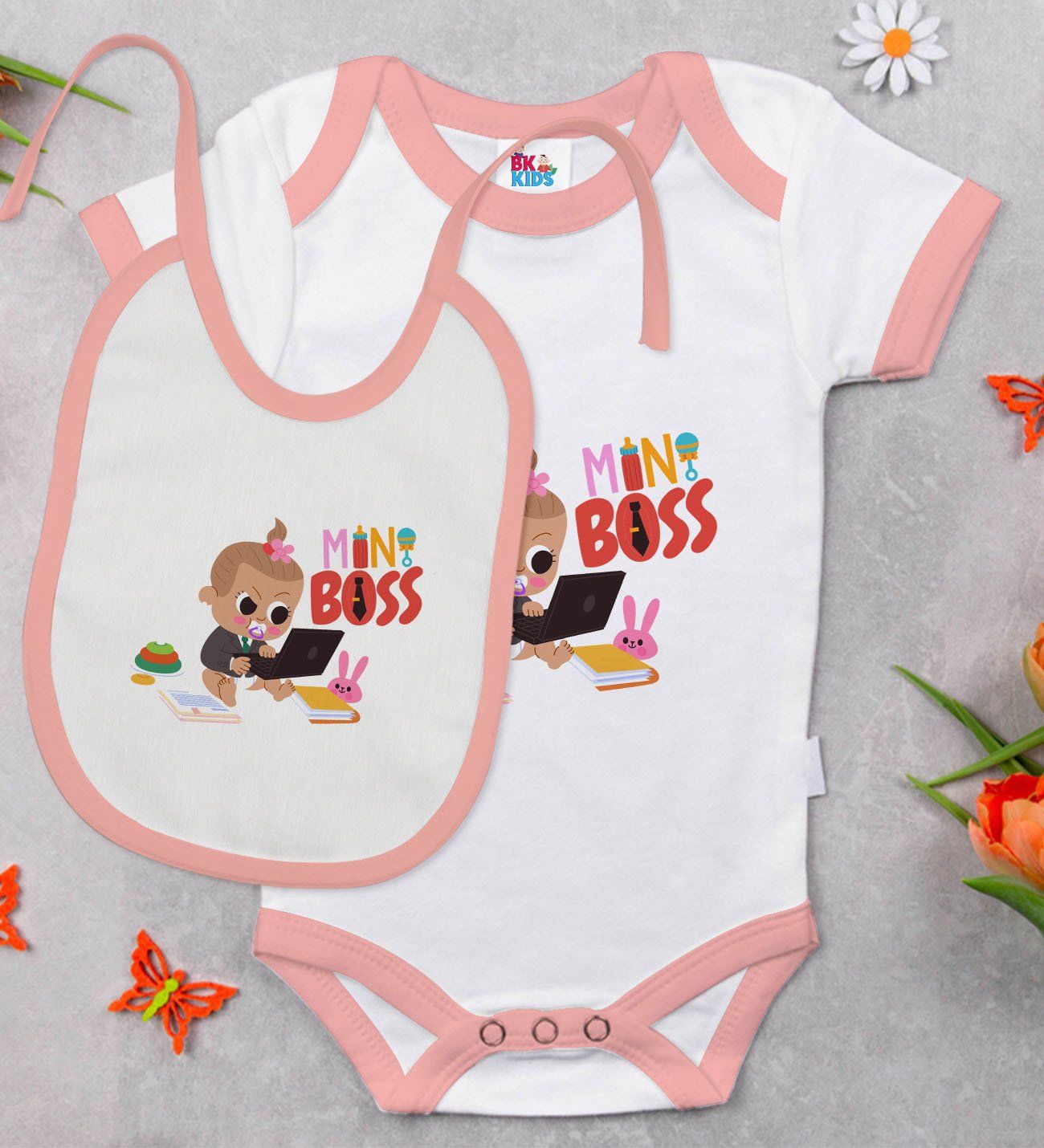BK Kids Mini Boss Tasarımlı Pembe Bebek Body Zıbın ve Mama Önlüğü Hediye Seti-1