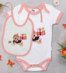 BK Kids Mini Boss Tasarımlı Pembe Bebek Body Zıbın ve Mama Önlüğü Hediye Seti-1