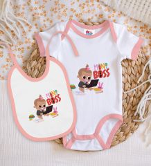 BK Kids Mini Boss Tasarımlı Pembe Bebek Body Zıbın ve Mama Önlüğü Hediye Seti-1
