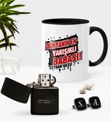 Kişiye Özel Dünyanın En Yakışıklı Babası Siyah Kupa Çakmak Kol Düğmesi Seti