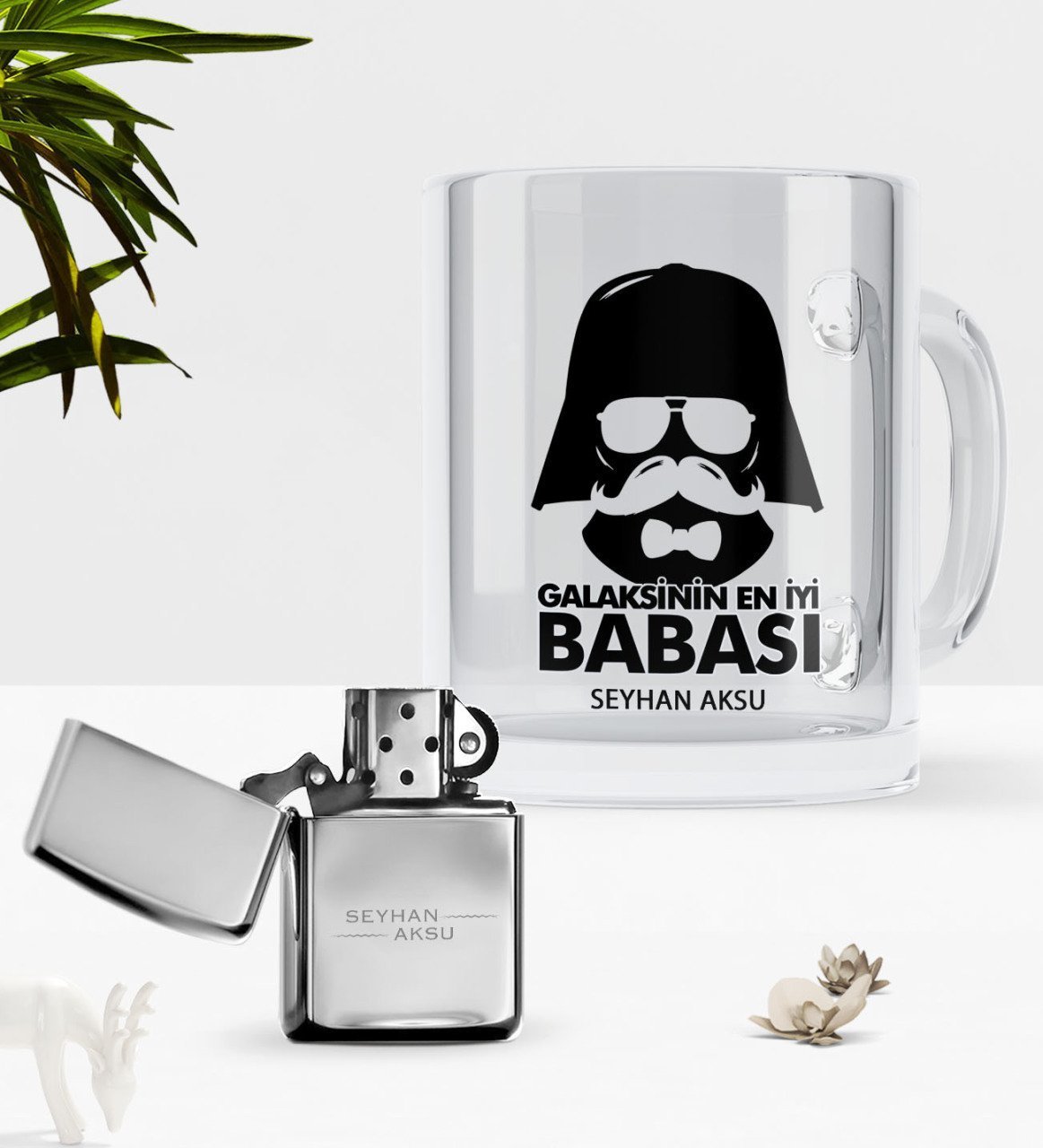 Kişiye Özel Galaksinin En İyi Babası Cam Kupa Bardak Benzinli Metal Çakmak Seti-2
