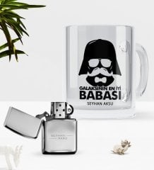 Kişiye Özel Galaksinin En İyi Babası Cam Kupa Bardak Benzinli Metal Çakmak Seti-2