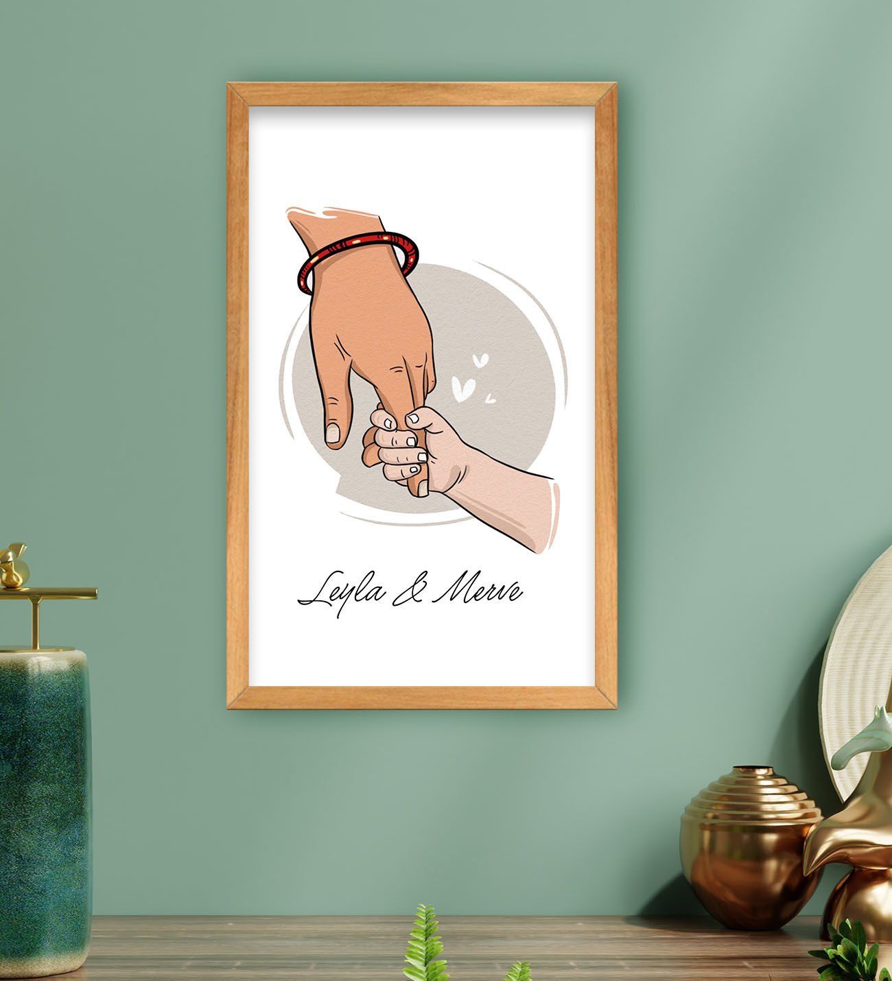 BK Gift Kişiye Özel Renkli El Ele Tutuşan Anne-Çocuk Tasarımlı Ahşap Çerçeveli Tablo-2 40x25cm, Anneye Hediye, Yeni Doğum Hediyesi