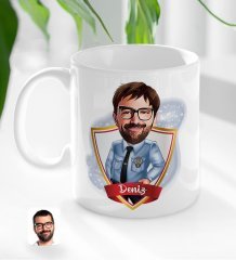 Kişiye Özel İsimli Erkek Polis Karikatürlü Beyaz Kupa Bardak-1