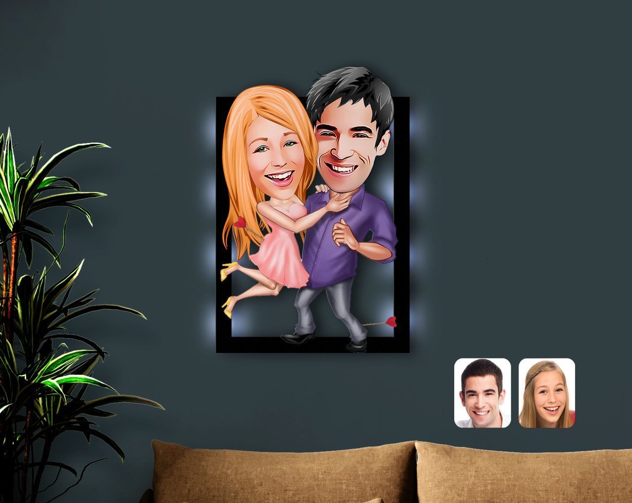 Kişiye Özel Sevgililer Karikatürlü 3D Led Işıklı Ahşap Tablo-3