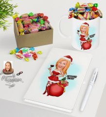 Kişiye Özel Kadın Yeni Yıl Karikatürlü Beyaz Defter Kalem Kupa ve Kutulu Haribo Şeker Hediye Seti-1