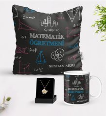 Kişiye Özel Matematik Öğretmeni Beyaz Kupa Yastık ve İsimli Papatya Kolye Hediye Seti-11
