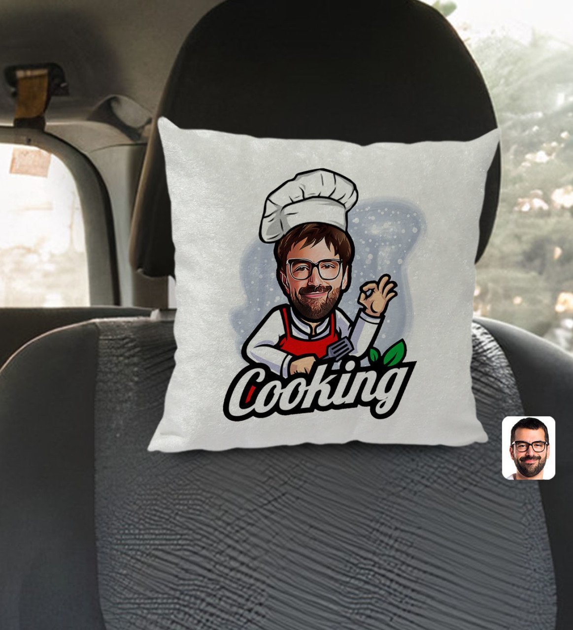 Kişiye Özel Erkek Chef Karikatürlü Kare Araç Koltuk Yastığı-14