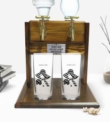 Kişiye Özel Renkli Baskılı İsimli İkili Rakı Bardağı ve Çift Musluklu Doğal Ahşap Rakı Standı-124