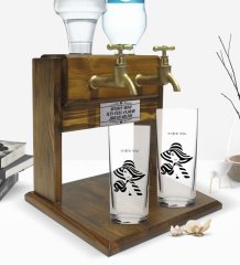 Kişiye Özel Renkli Baskılı İsimli İkili Rakı Bardağı ve Çift Musluklu Doğal Ahşap Rakı Standı-124