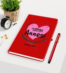 Kişiye Özel Dünyanın En İyi Annesi Kırmızı Defter Kalem Seti - 11