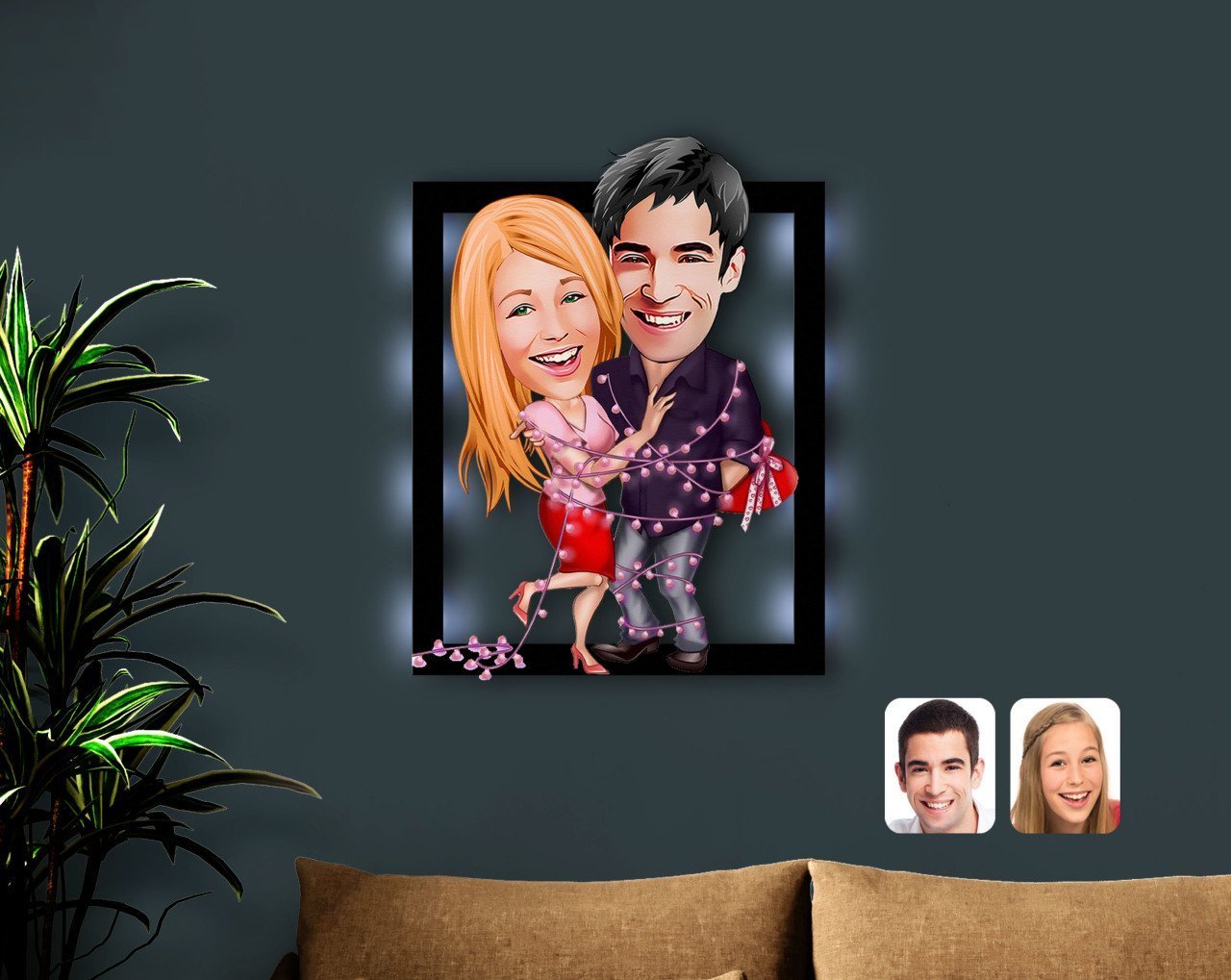 Kişiye Özel Sevgililer Karikatürlü 3D Led Işıklı Ahşap Tablo-2