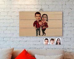 Kişiye Özel Aile Karikatürlü Otantik Ahşap Palet Tablo-2