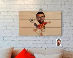 Kişiye Özel Sarı Kırmızı Futbolcu Karikatürlü Otantik Ahşap Palet Tablo-1