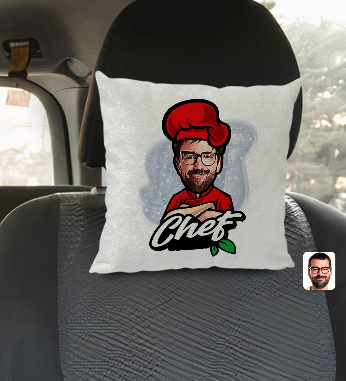 Kişiye Özel Erkek Chef Karikatürlü Kare Araç Koltuk Yastığı-10