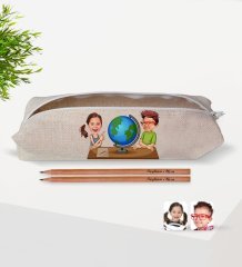 Çocuklara Özel Öğrenci Arkadaşlar Karikatürlü Keten Okul Kalemliği ve İsimli Ahşap Kurşun Kalem Hediye Seti-1