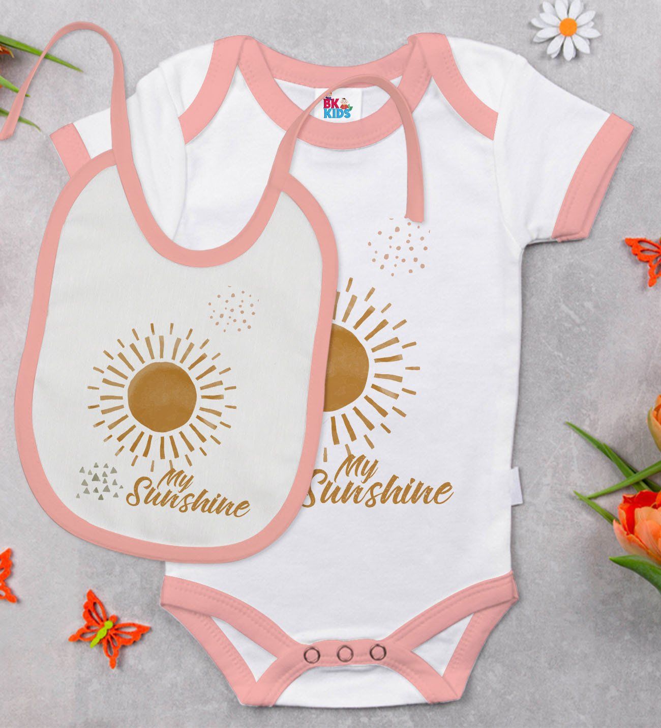 BK Kids My Sunshine Tasarımlı Pembe Bebek Body Zıbın ve Mama Önlüğü Hediye Seti-1
