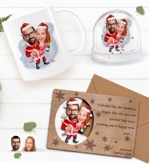 Kişiye Özel Fotoğraflı Kar Küresi & Happy New Year Kupa Bardak & Retro Ahşap Yılbaşı Tebrik Kartı Hediye Seti-13F